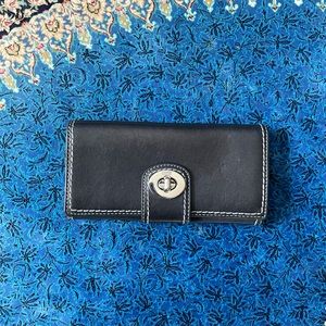 Collectible Vintage Coach Black Leather Trifold Wallet, Silver Turnlock Hardware